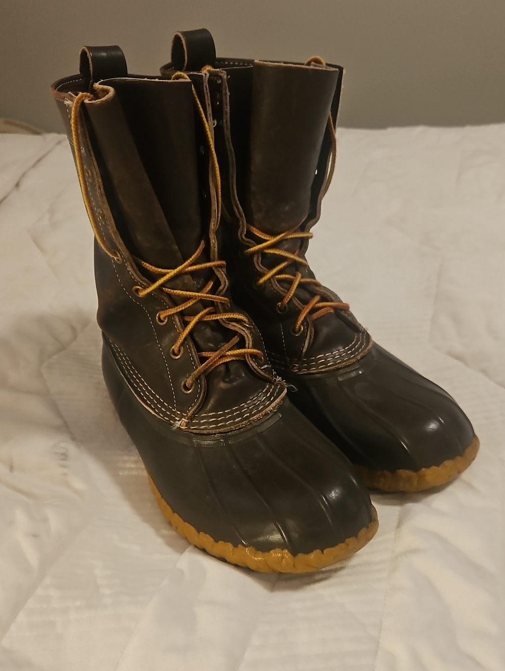 LL Bean Classic Duck Boots in Dark Brown with Tan Soles
